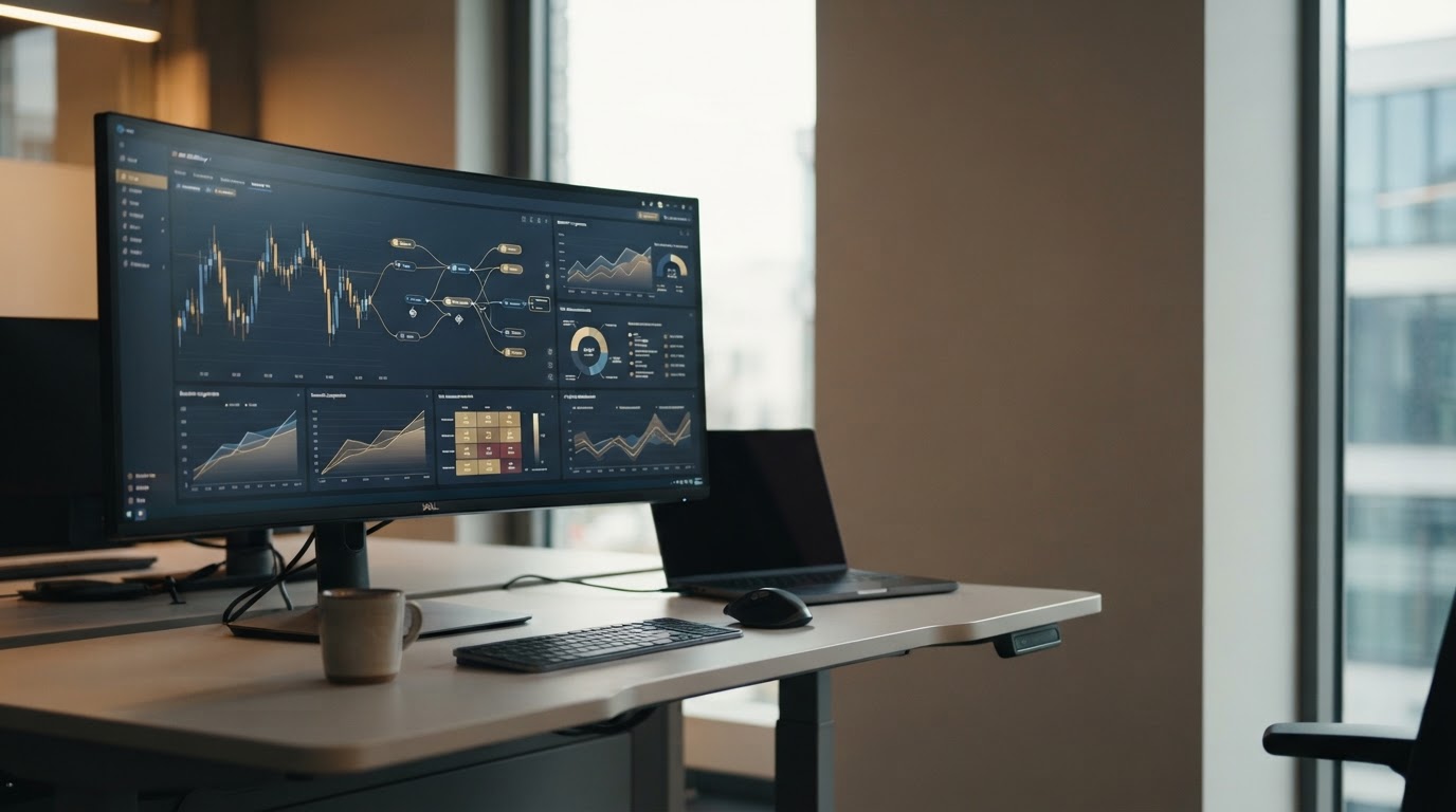 Ein Computermonitor mit verschiedenen Daten-Dashboards und Diagrammen auf einem Schreibtisch